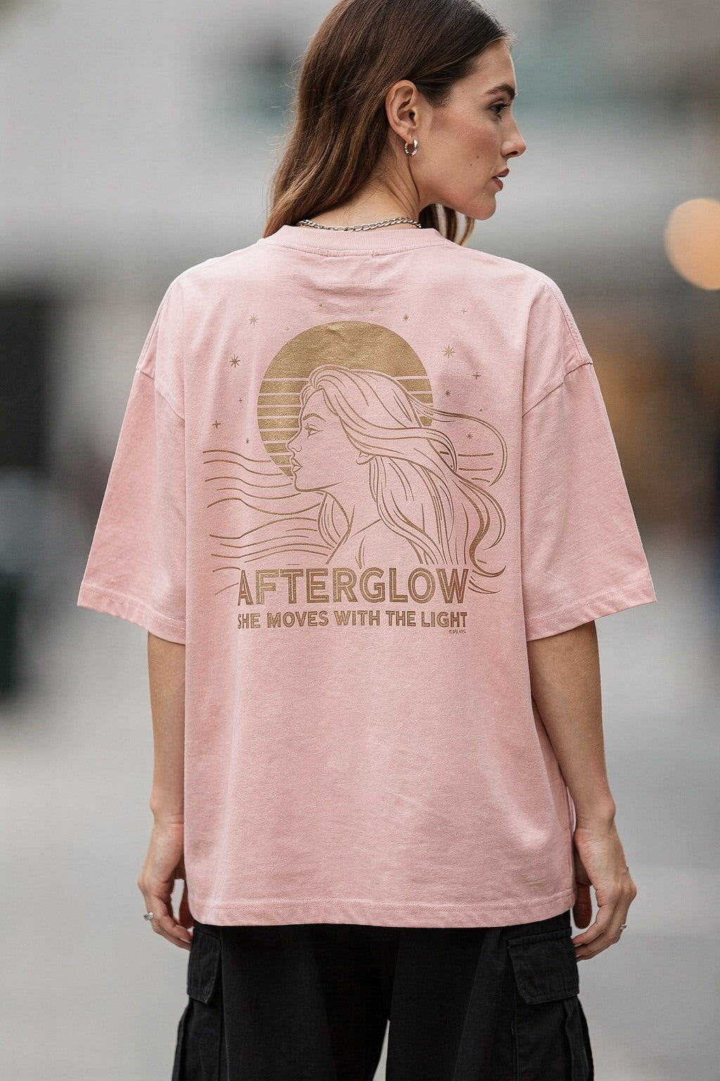 Kadın Oversize Baskılı Tişört AFTERGLOW Güneş ve Yıldız Detaylarıyla — Pembe