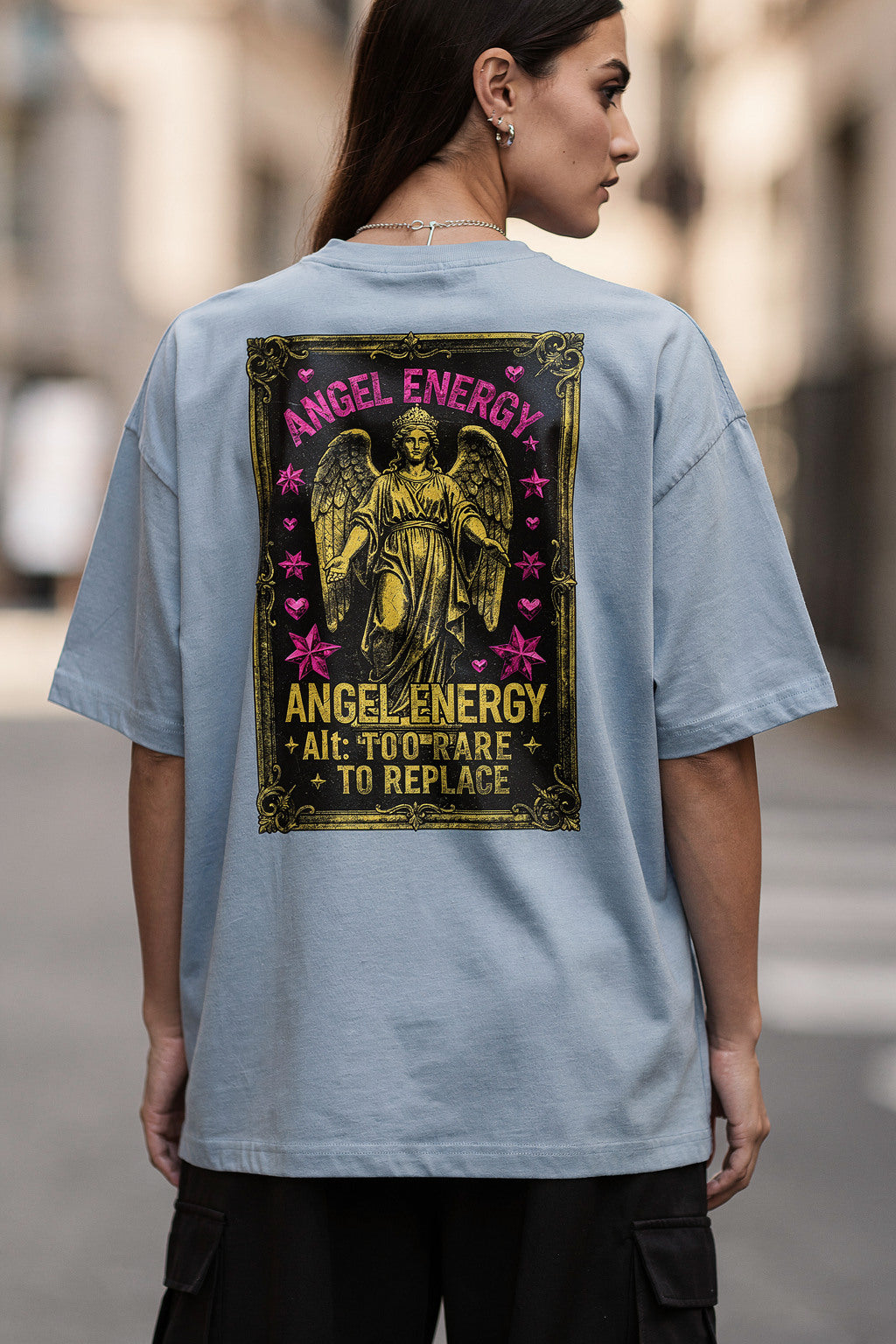 Kadın Oversize Streetwear Tişört Antik Melek Grafik Baskılı — Bebe mavisi