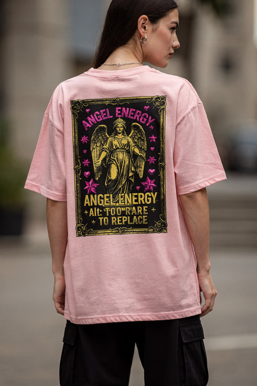 Kadın Oversize Streetwear Tişört Antik Melek Grafik Baskılı — Pembe