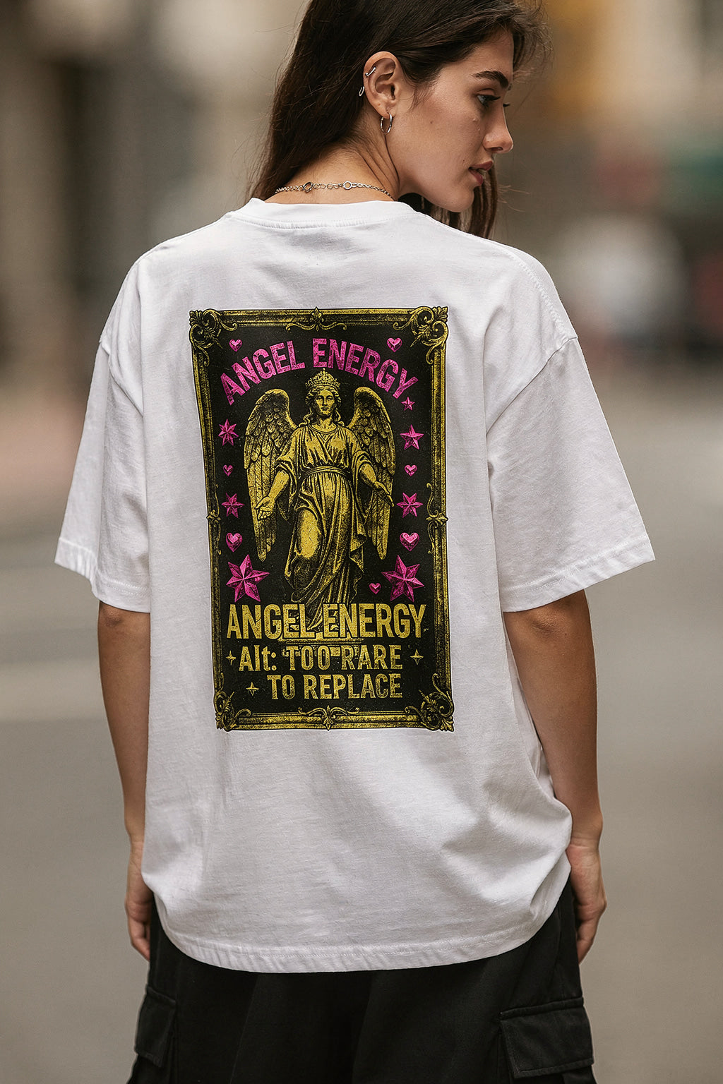 Kadın Oversize Streetwear Tişört Antik Melek Grafik Baskılı — Beyaz