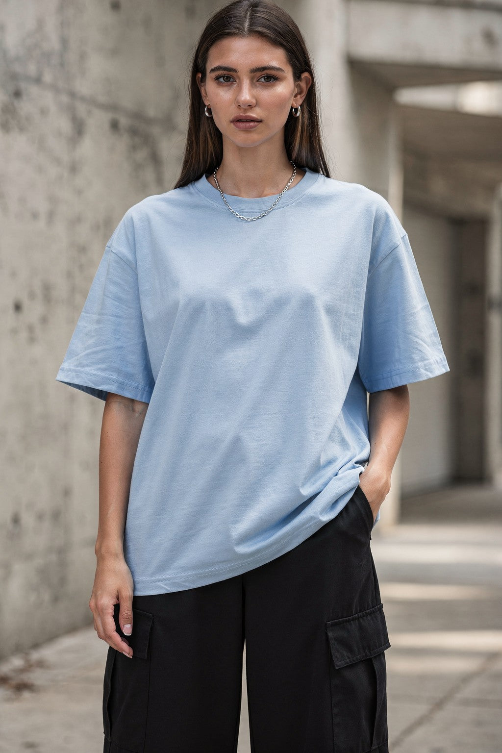 Kadın Oversize Streetwear Tişört Antik Melek Grafik Baskılı — Bebe mavisi