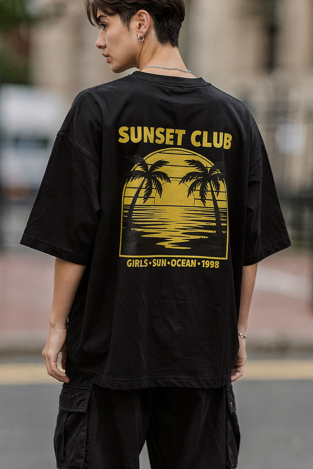 Unisex Oversize Bisiklet Yaka Tişört Sunset Club Retro Gün Batımı Baskılı