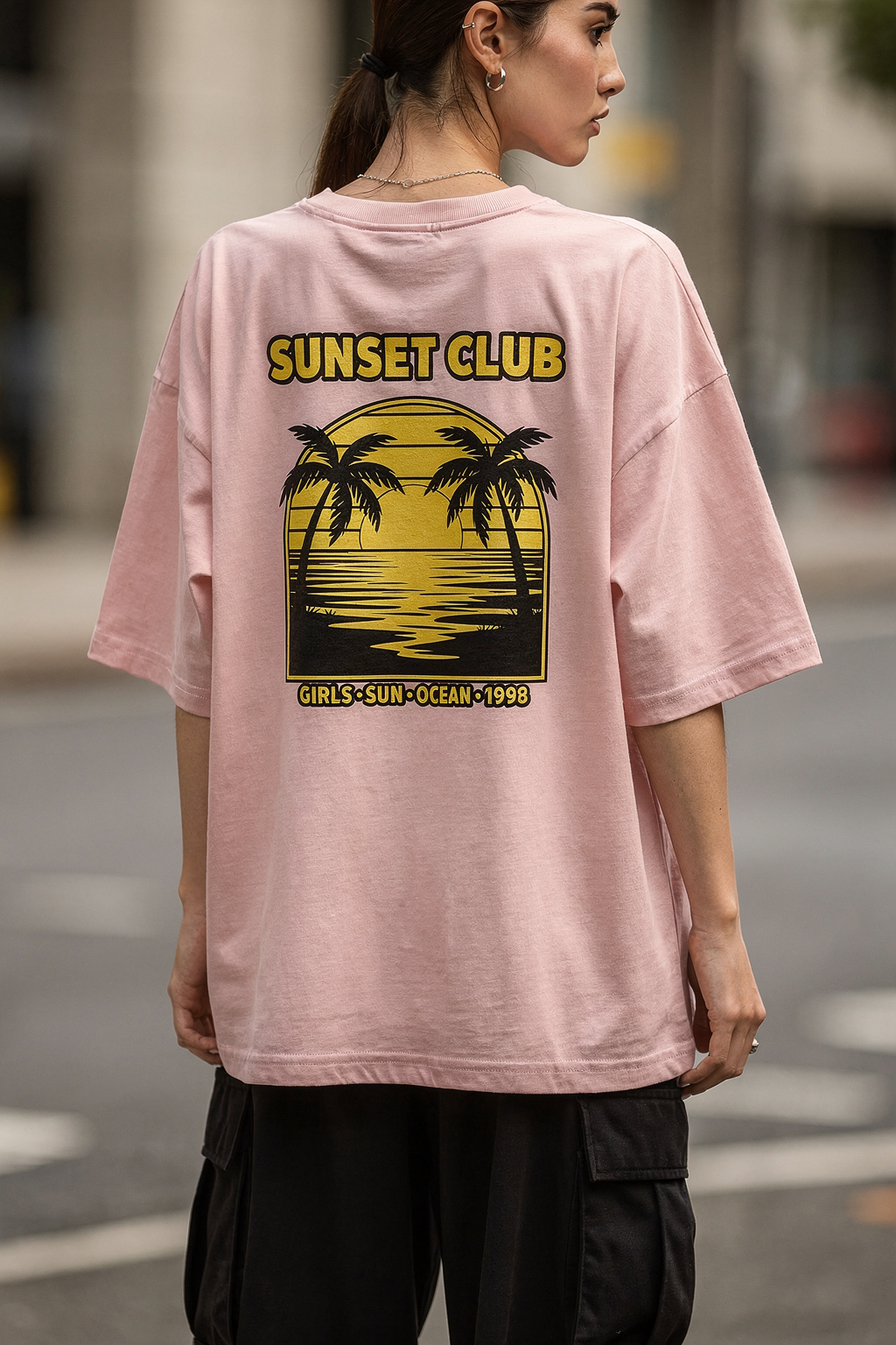 Unisex Oversize Bisiklet Yaka Tişört Sunset Club Retro Gün Batımı Baskılı