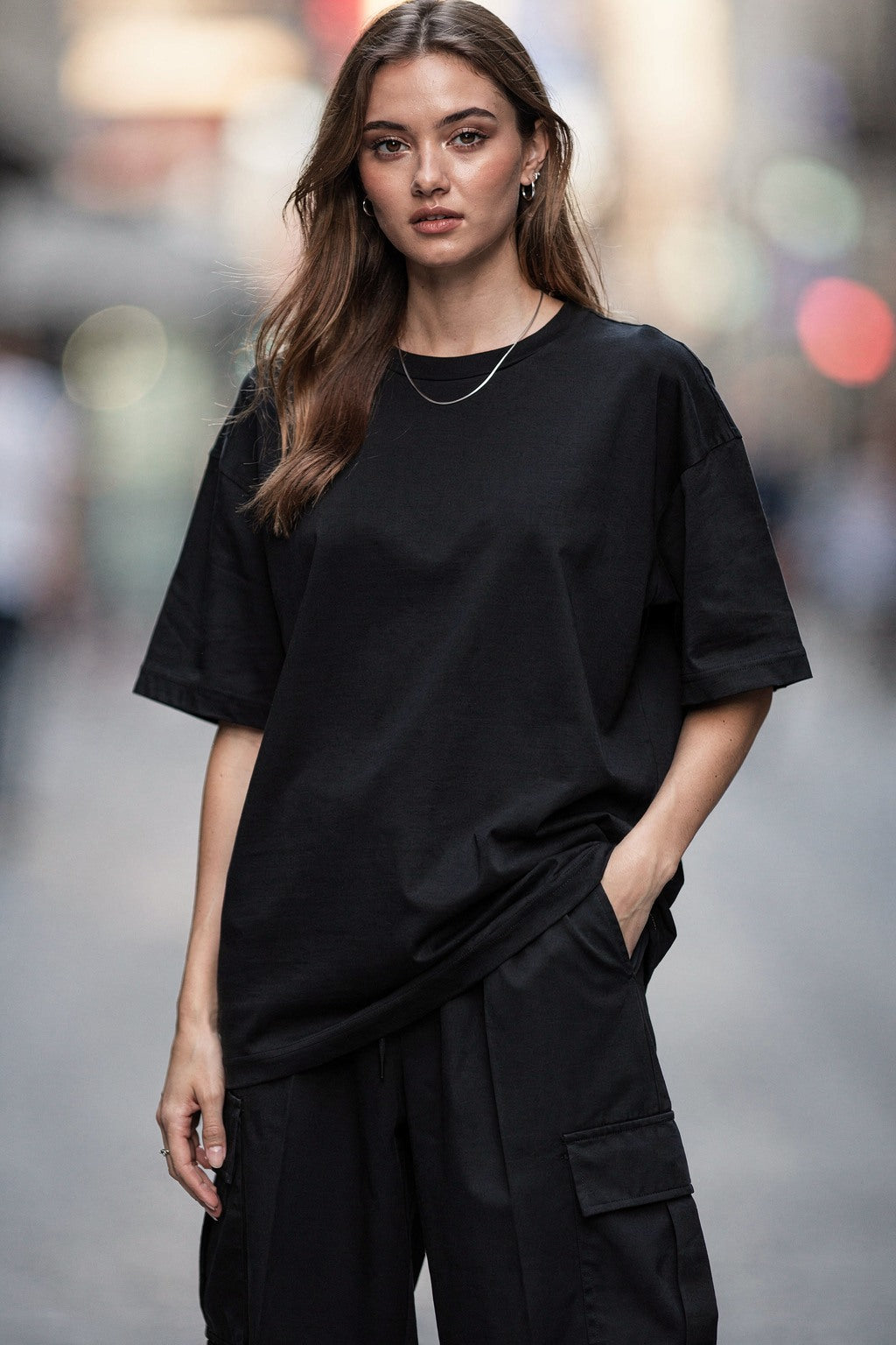 Kadın Vintage Benzi̇n İstasyonu Tabelası Baskılı Oversize Tişört — Siyah
