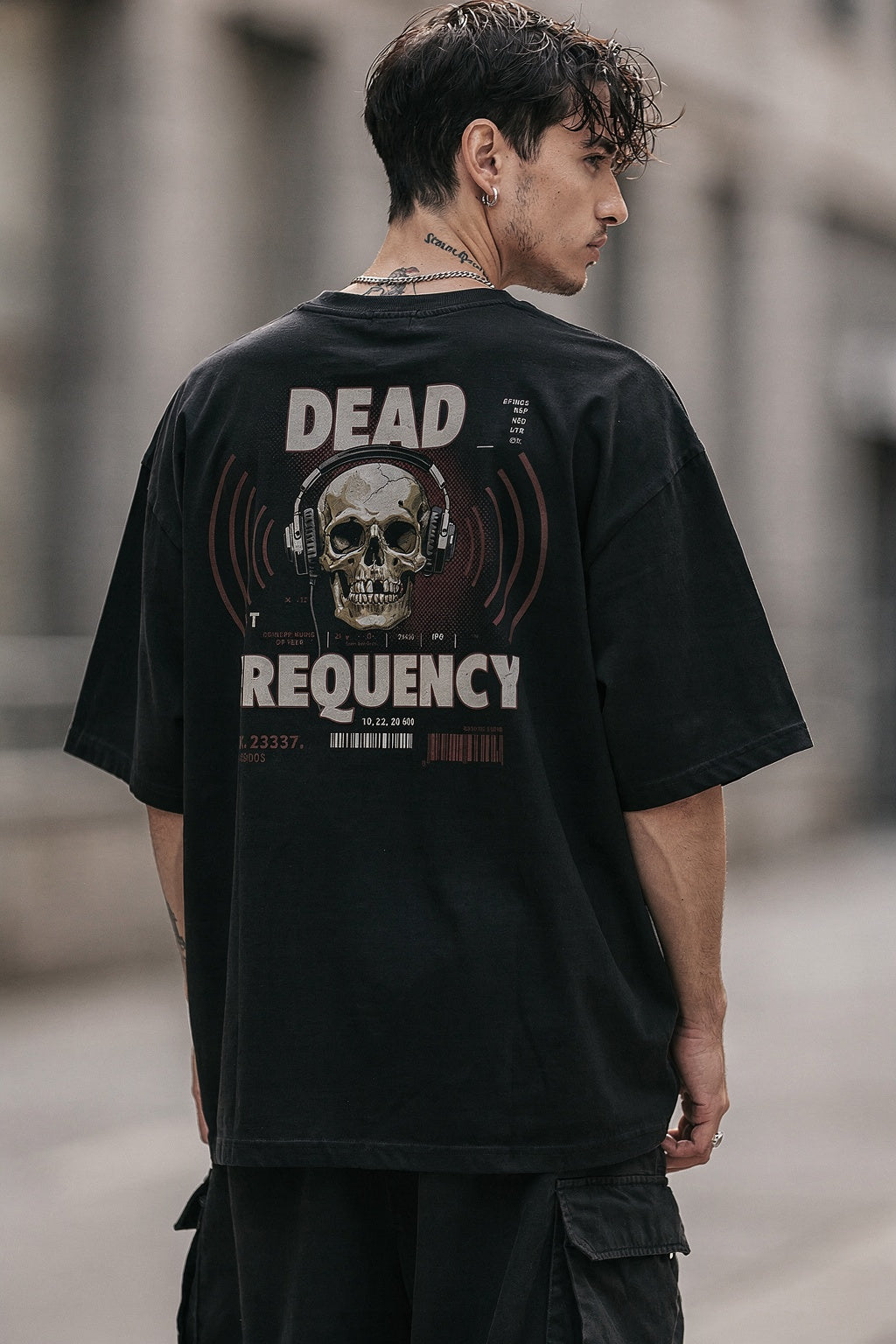 Erkek Dark Streetwear T-shirt Graphic Baskılı Oversize Bisiklet Yaka — Siyah