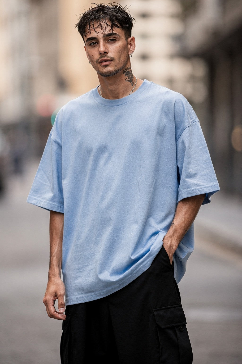 Erkek Dark Streetwear T-shirt Graphic Baskılı Oversize Bisiklet Yaka — Bebe mavisi