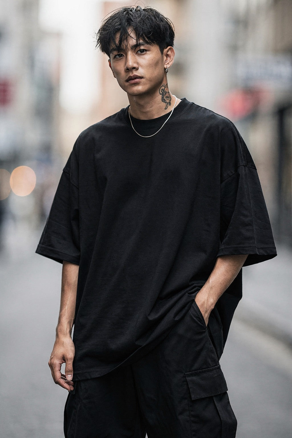 Erkek Dark Streetwear T-shirt Graphic Baskılı Oversize Bisiklet Yaka — Siyah