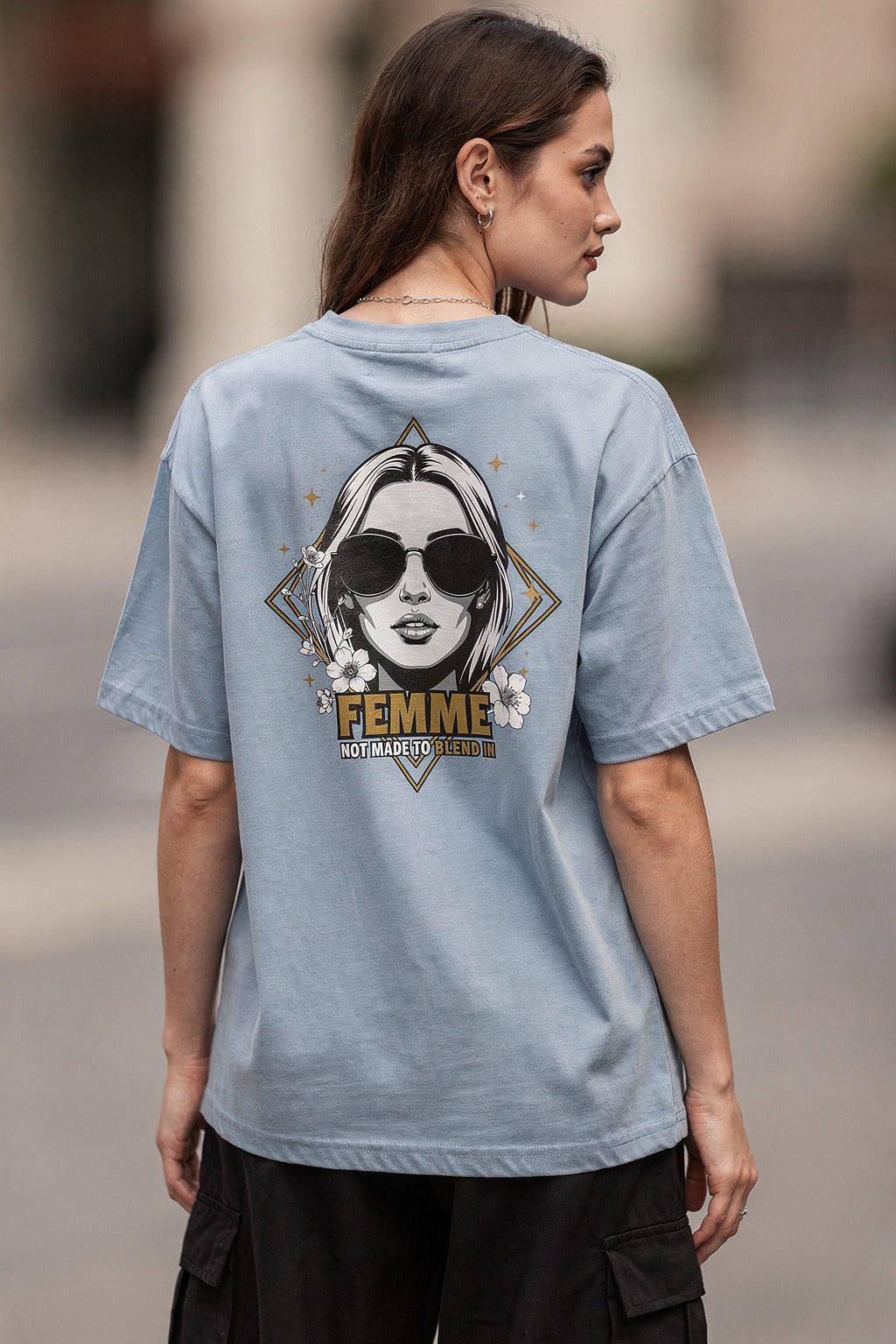 Kadın Oversize Baskılı Tişört FEMME NO.01 Günlük Stil İçin — Bebe mavisi