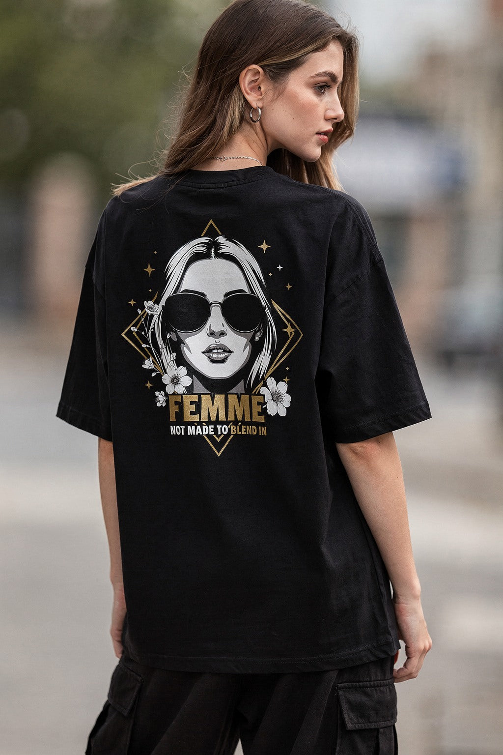 Kadın Oversize Baskılı Tişört FEMME NO.01 Günlük Stil İçin — Siyah