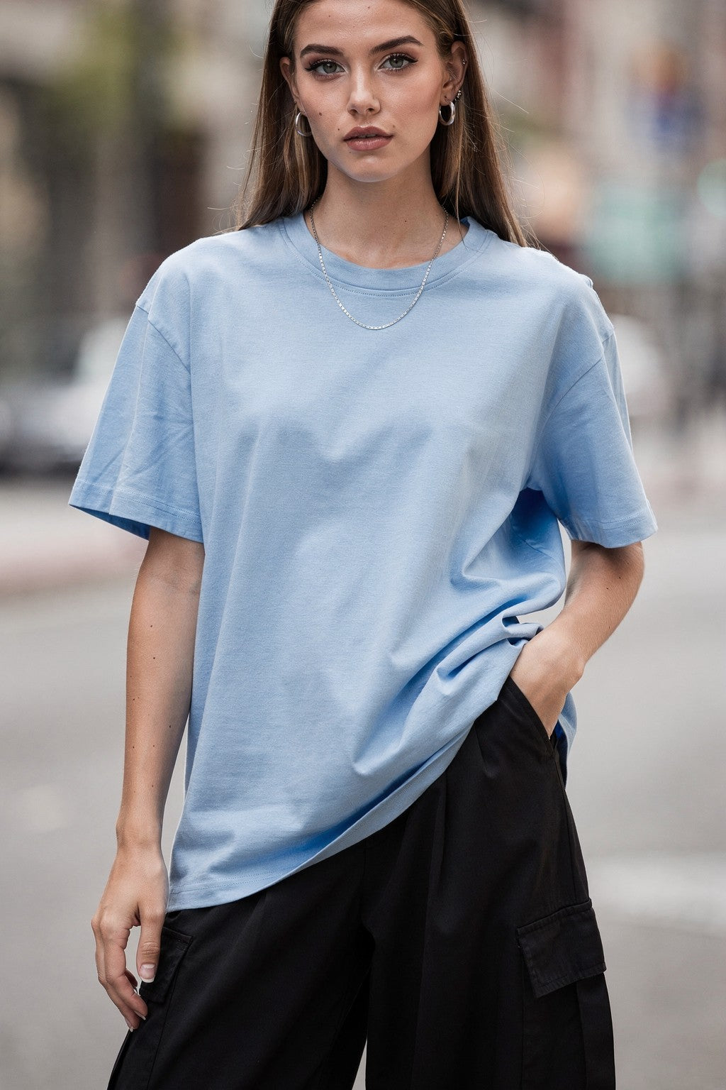 Kadın Oversize Baskılı Tişört FEMME NO.01 Günlük Stil İçin — Bebe mavisi
