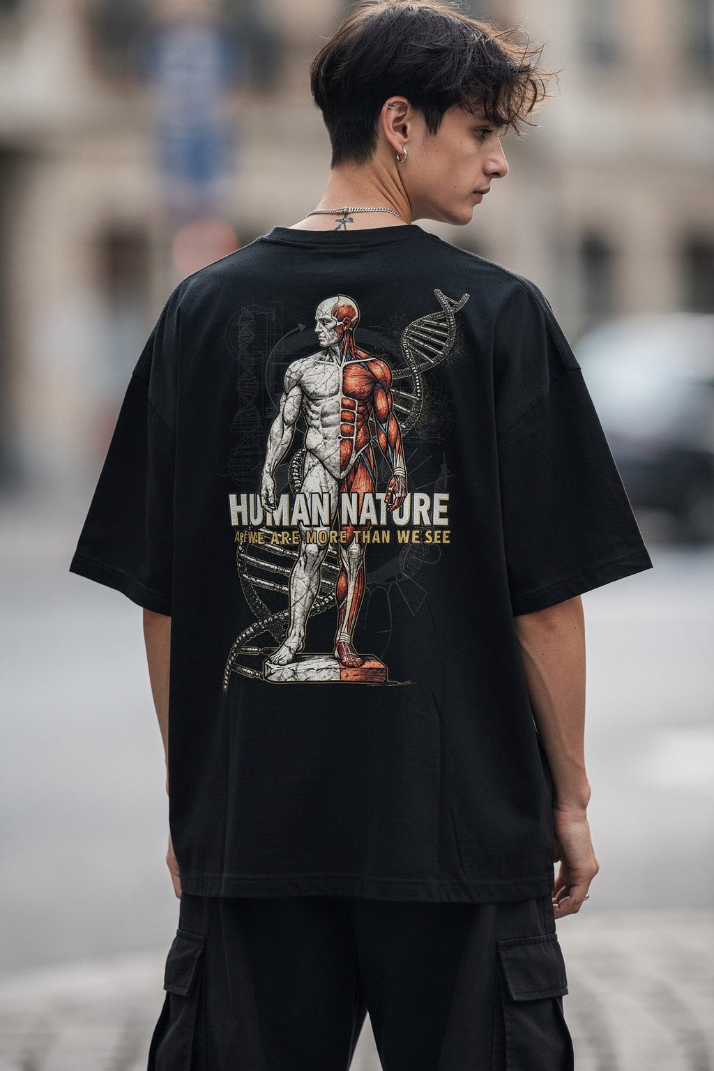 Unisex Oversize HUMAN NATURE Baskılı Tişört — Siyah