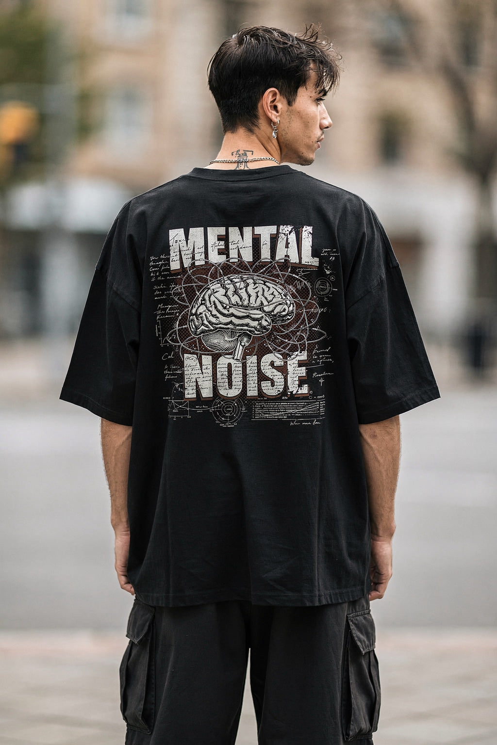 Erkek MENTAL NOISE Baskılı Oversize Bisiklet Yaka Tişört — Siyah