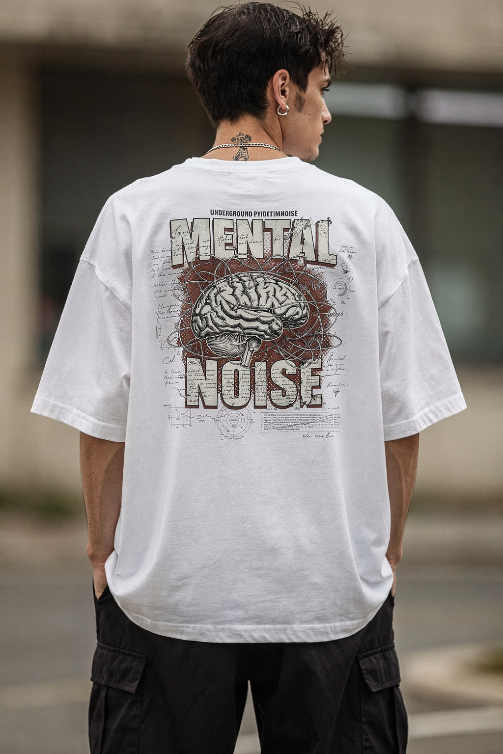 Erkek MENTAL NOISE Baskılı Oversize Bisiklet Yaka Tişört — Beyaz