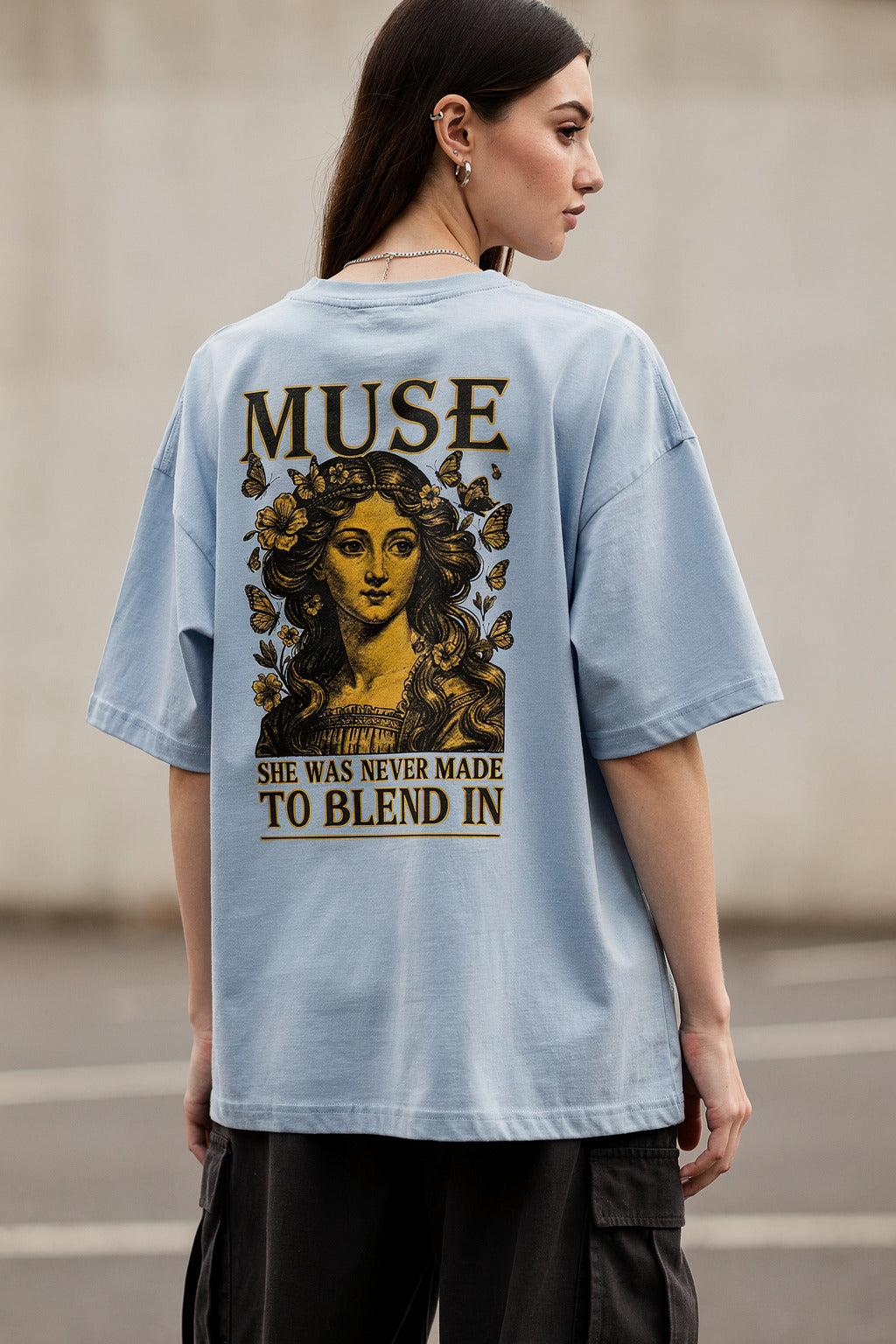 Kadın Oversize Rönesans Portresi Baskılı Tişört — Bebe mavisi