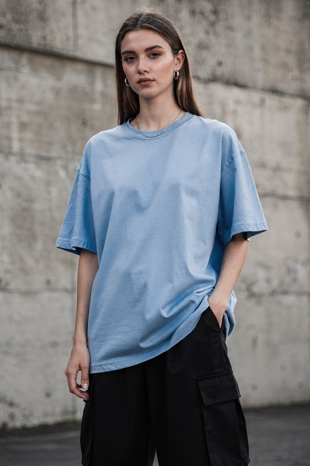 Kadın Oversize Baskılı Tişört OCEAN GIRL Minimal ve Premium Tasarım — Bebe mavisi