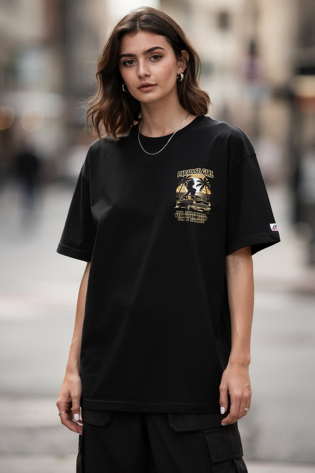 Unisex Oversize Retro Plaj Kartpostalı Temalı Baskılı Tişört — Siyah