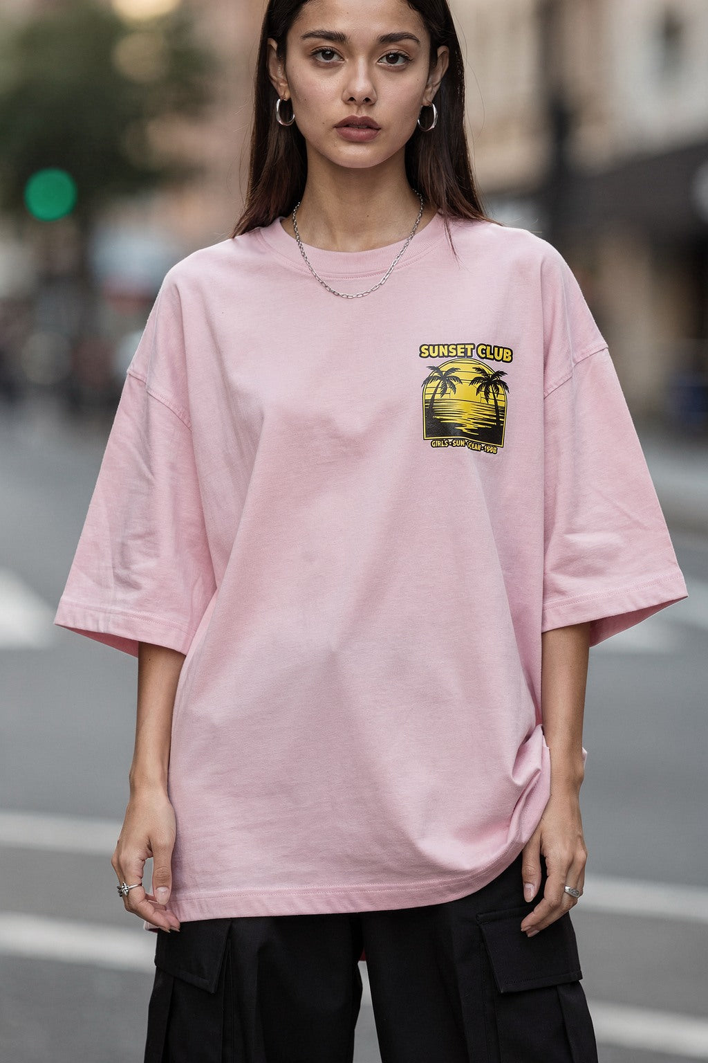 Unisex Oversize Bisiklet Yaka Tişört Sunset Club Retro Gün Batımı Baskılı — Pembe