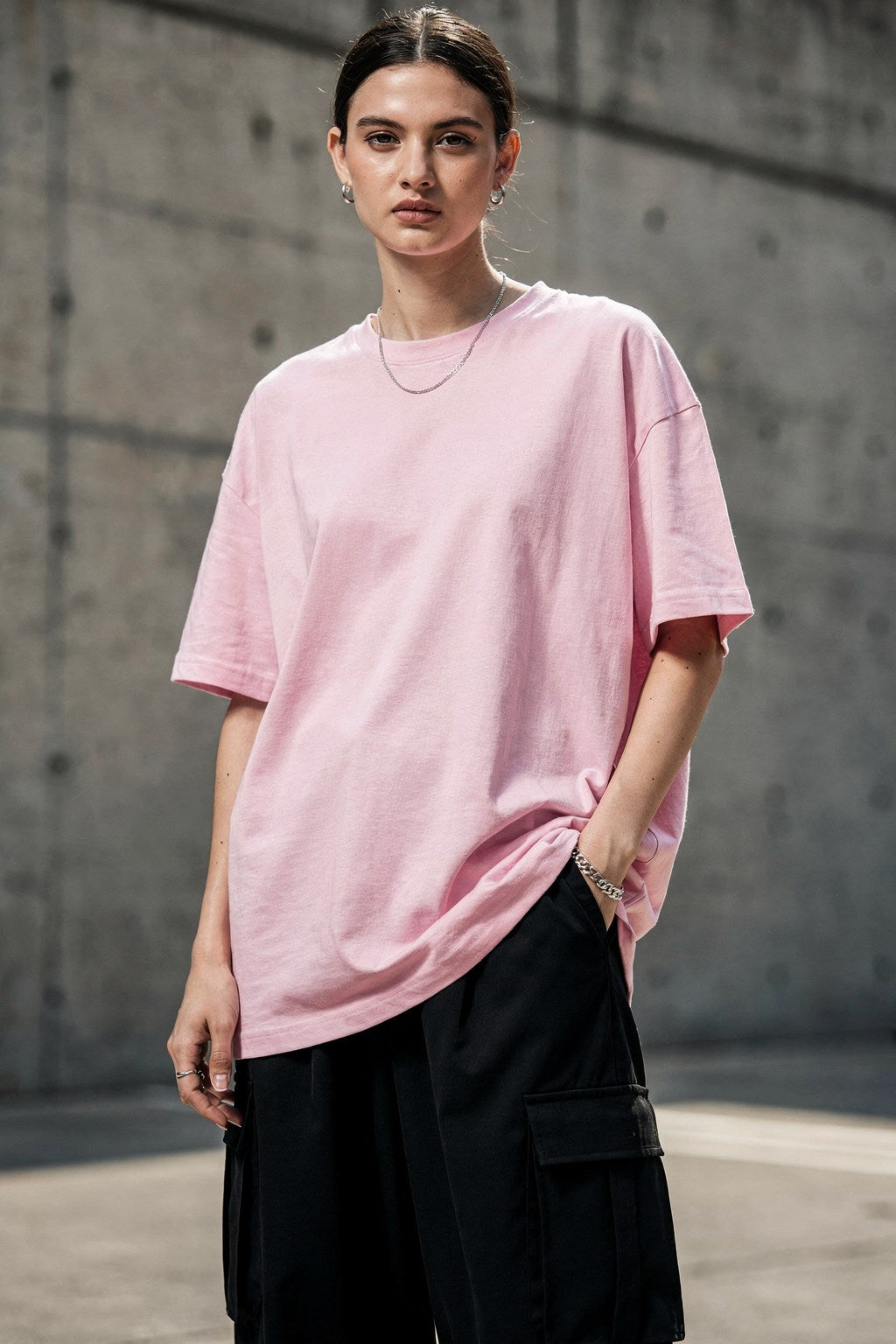 Kadın Oversize Baskılı Tişört SWEET CHAOS Büyük Cherry ve Yazı Tasarımı — Pembe