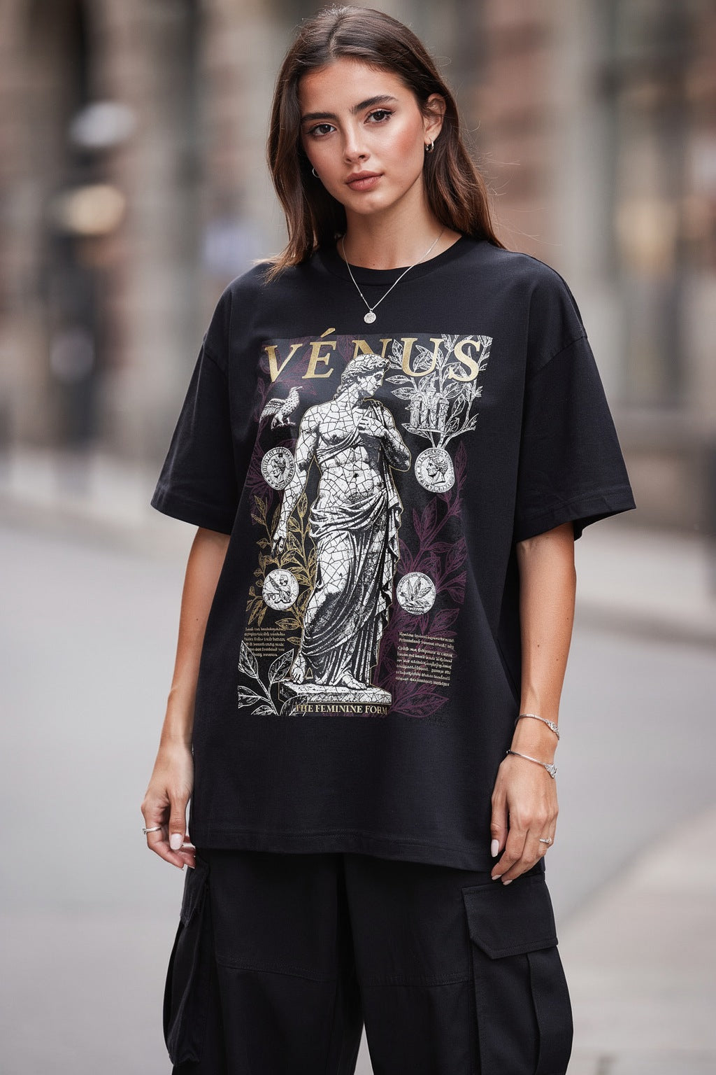 Kadın VÉNUS — The Feminine Form Baskılı Oversize Tişört — Siyah